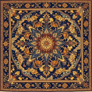 Luxurious Royal Tapestry with intricate gold and blue floral patterns, crafted from a high-quality cotton-polyester blend.