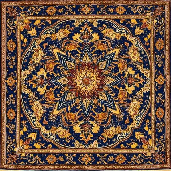 Luxurious Royal Tapestry with intricate gold and blue floral patterns, crafted from a high-quality cotton-polyester blend.