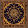 Persian-style rug with an intricate medallion, navy blue background, and gold floral patterns.