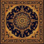 Kashan Rug with an intricate medallion, navy blue background, and gold floral patterns.