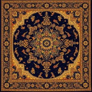 Persian-style rug with an intricate medallion, navy blue background, and gold floral patterns.