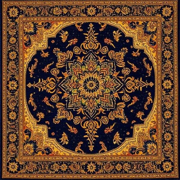 Kashan Rug with an intricate medallion, navy blue background, and gold floral patterns.